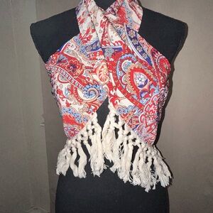 SHEIN Red and Blue Paisley Fringe Top
